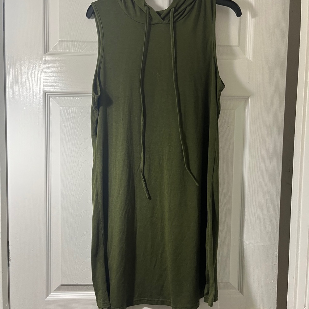Olive Green Sleeveless Hooded Mini Dress Athleisure Tunic Sporty Tank Dress